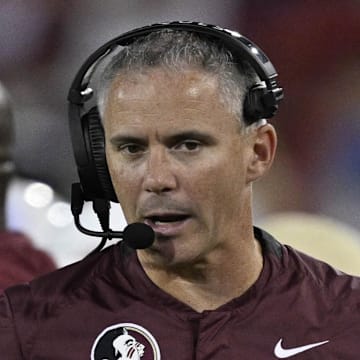 Sep 28, 2024; Dallas, Texas, USA; Florida State Seminoles head coach Mike Norvell during the game between the Southern Methodist Mustangs and the Florida State Seminoles at Gerald J. Ford Stadium. Mandatory Credit: Jerome Miron-Imagn Images