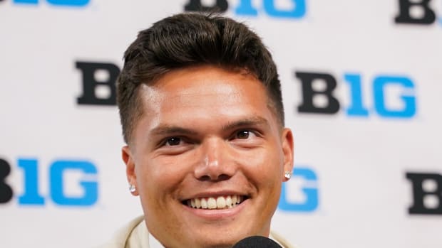 Jul 25, 2024; Indianapolis, IN, USA; Oregon Ducks quarterback Dillon Gabriel speaks to the media during the Big 10 football m