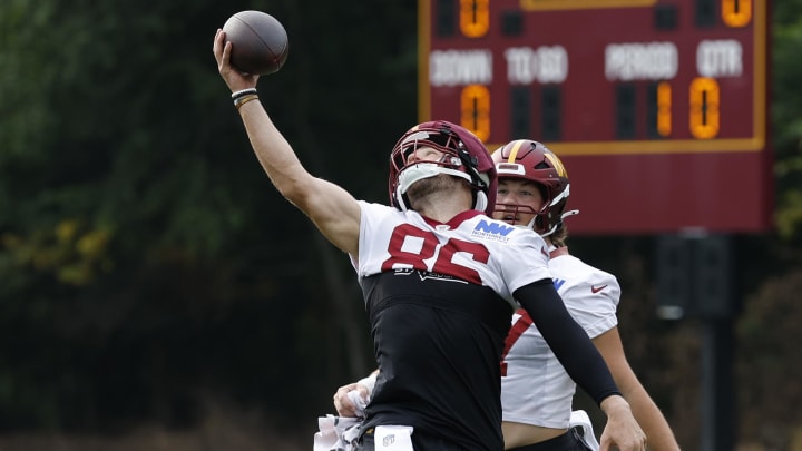 Jul 25, 2024; Ashburn, VA, USA; Washington Commanders tight end Zach Ertz (86) catches a pass on day two of Commanders training camp at OrthoVirginia Training Center at Commanders Park. Mandatory Credit: Geoff Burke-USA TODAY Sports