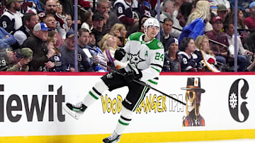 May 1, 2025; Denver, Colorado, USA; Dallas Stars center Roope Hintz (24) celebrates his goal in the second period against the Colorado Avalanche in game six of the first round of the 2025 Stanley Cup Playoffs at Ball Arena. Mandatory Credit: Ron Chenoy-Imagn Images