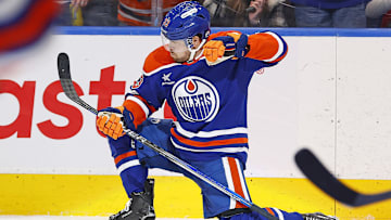 Mar 8, 2025; Edmonton, Alberta, CAN; Edmonton Oilers forward Victor Arvidsson (33) celebrates after scoring a goal against the Dallas Stars at Rogers Place. Mandatory Credit: Perry Nelson-Imagn Images
