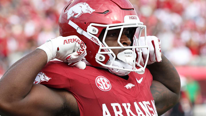 Sep 6, 2025; Little Rock, Arkansas, USA; Arkansas Razorbacks running back Braylen Russell (0) celebrates after scoring a touchdown in the first quarter against the Arkansas State Red Wolves at War Memorial Stadium. Mandatory Credit: Nelson Chenault-Imagn Images