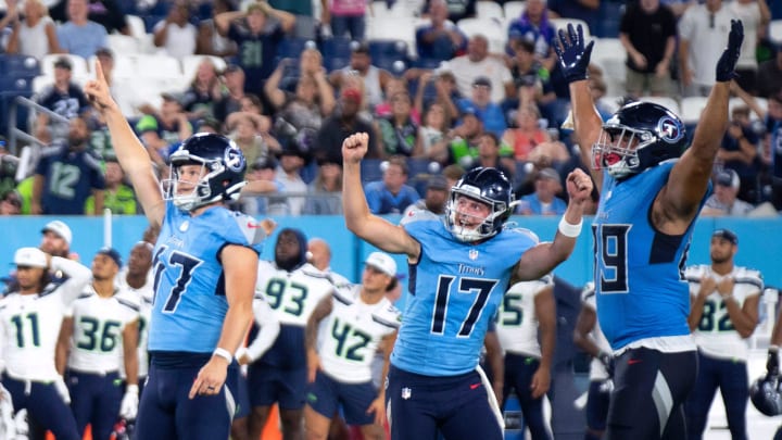 Tennessee Titans place kicker Brayden Narveson (47) celebrates after kicking a game-winning 46-yard field goal to beat the Seattle Seahawks 16-15 during their game at Nissan Stadium in Nashvillet, Tenn., Saturday, Aug. 17, 2024.