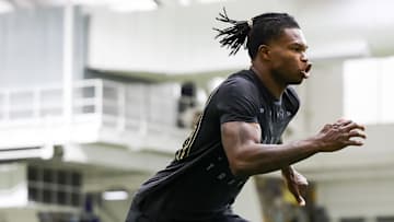 Apr 4, 2025; Boulder, CO, USA; Colorado Buffaloes wide receiver Travis Hunter (12) runs drills at the University of Colorado NFL Showcase at the CU Indoor Practice Facility. Mandatory Credit: Michael Ciaglo-Imagn Images