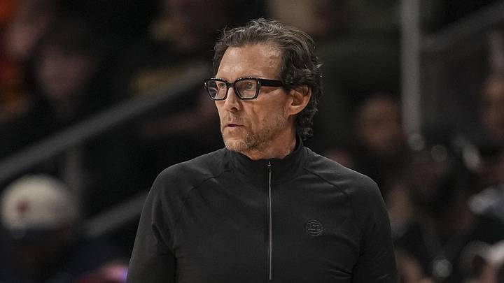 Atlanta Hawks head coach Quin Snyder reacts on the sideline during the game against the New York Knicks at State Farm Arena on April 6, 2026.