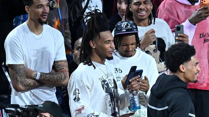 Feb 14, 2026; Los Angeles, CA, USA;  San Antonio Spurs forward Carter Bryant (11) reacts in the slam dunk competition during the 2026 NBA All Star Saturday Night at Intuit Dome. Mandatory Credit: William Liang-Imagn Images