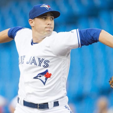 Jul 23, 2019; Toronto, Ontario, CAN; Toronto Blue Jays starting pitcher Aaron Sanchez (41) throws a pitch during the first inning against the Cleveland Indians at Rogers Centre