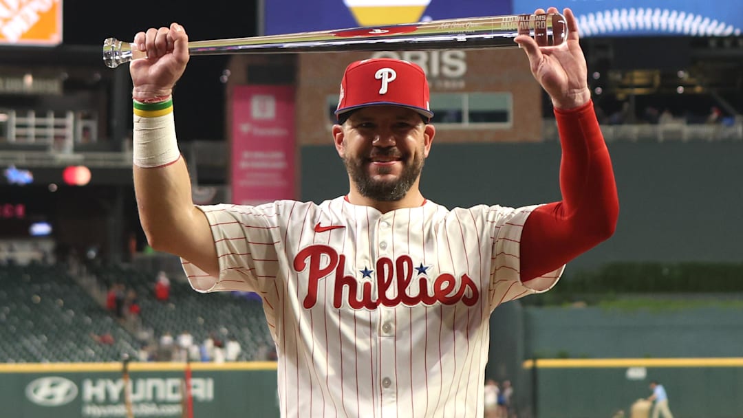 iJul 15, 2025; Cumberland, Georgia, USA; National League designated hitter Kyle Schwarber (12) of the Philadelphia Phillies celebrates after defeating the American League in the 2025 MLB All Star Game at Truist Park