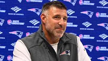 May 9, 2025; Foxborough, MA, USA;  New England Patriots head coach Mike Vrabel speaks the to media during a press conference at Gillette Stadium. Mandatory Credit: Eric Canha-Imagn Images