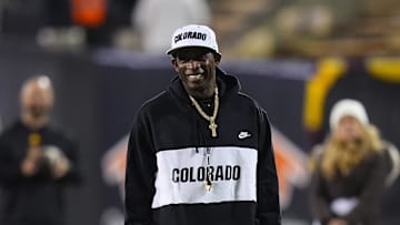Nov 22, 2025; Boulder, Colorado, USA; Colorado Buffaloes head coach Deion Sanders before the game against the Arizona State Sun Devils at Folsom Field. Mandatory Credit: Ron Chenoy-Imagn Images