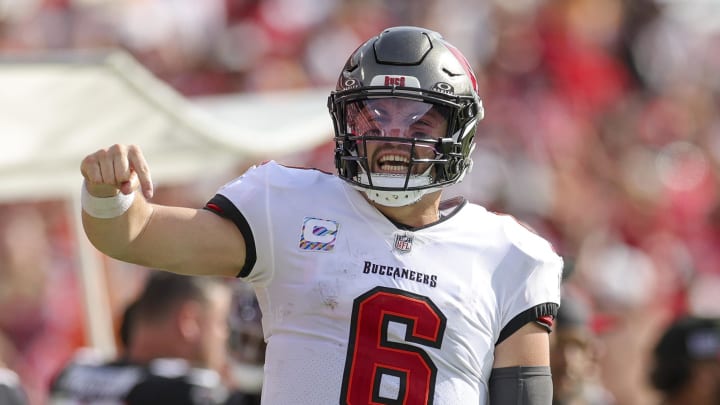 Oct 22, 2023; Tampa, Florida, USA;  Tampa Bay Buccaneers quarterback Baker Mayfield (6) reacts after a run against the Atlanta Falcon in the fourth quarter at Raymond James Stadium. Mandatory Credit: Nathan Ray Seebeck-USA TODAY Sports