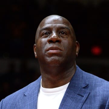 Sep 30, 2018; San Diego, CA, USA; Los Angeles Lakers president of basketball operations Magic Johnson looks on before the game against the Denver Nuggets at Valley View Casino Center. Mandatory Credit: Orlando Ramirez-USA TODAY Sports