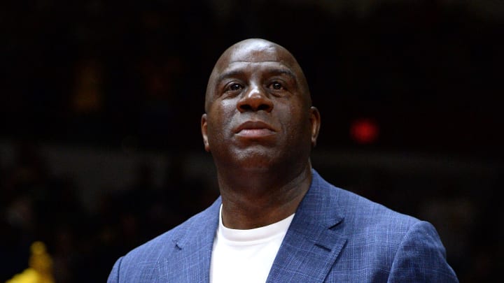 Sep 30, 2018; San Diego, CA, USA; Los Angeles Lakers president of basketball operations Magic Johnson looks on before the game against the Denver Nuggets at Valley View Casino Center. Mandatory Credit: Orlando Ramirez-USA TODAY Sports