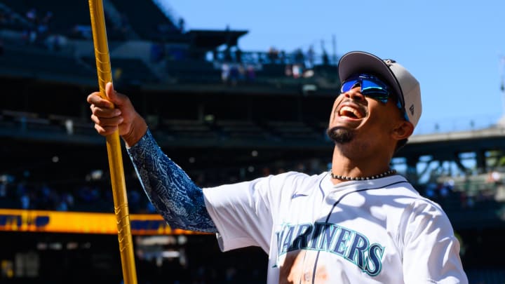 Seattle Mariners center fielder Julio Rodriguez (44) celebrates with the fans after the Mariners defeated the Baltimore Orioles at T-Mobile Park on July 4.