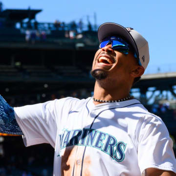 Seattle Mariners center fielder Julio Rodriguez (44) celebrates with the fans after the Mariners defeated the Baltimore Orioles on Thursday at T-Mobile Park.