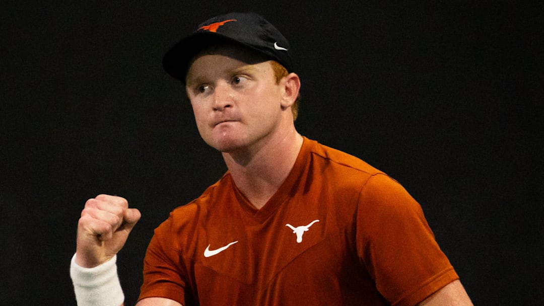Texas tennis player Jonah Braswell plays against Texas A&M in the NCAA Championship Round of 16, May 10, 2024 in Austin, Texas at the Texas Tennis Center.