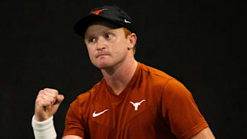 Texas tennis player Jonah Braswell plays against Texas A&M in the NCAA Championship Round of 16, May 10, 2024 in Austin, Texas at the Texas Tennis Center.