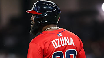 Atlanta Braves designated hitter Marcell Ozuna (20) was in the game against the New York Mets during the eighth inning at Truist Park.