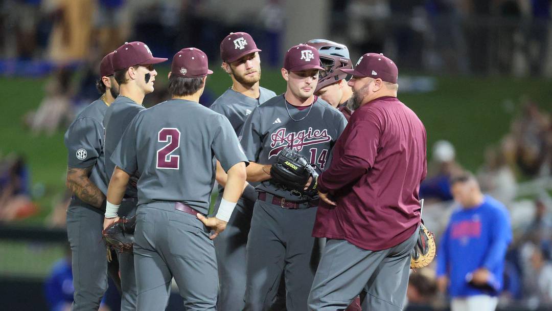 Texas A&M has a mound conference during an NCAA baseball game against Florida at Condron Family Ballpark at Alfred A. McKethan Field in Gainesville, FL on Friday, April 24, 2026. [Alan Youngblood/Gainesville Sun]