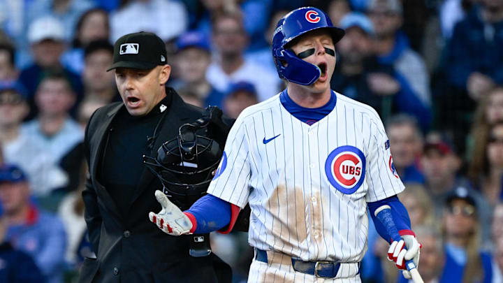 Oct 8, 2025; Chicago, Illinois, USA; Chicago Cubs center fielder Pete Crow-Armstrong (4) reacts after striking out against the Milwaukee Brewers in the third inning during game three of the NLDS round for the 2025 MLB playoffs at Wrigley Field. Mandatory Credit: Matt Marton-Imagn Images
