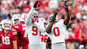 Ohio State Buckeyes safety Malik Hartford (9) and Sonny Styles (0) react during the game against the Wisconsin Badgers at Camp Randall Stadium on Saturday, Oct. 18, 2025 in Madison, Wisconsin.