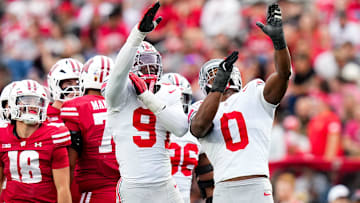 Ohio State Buckeyes safety Malik Hartford (9) and Sonny Styles (0) react during the game against the Wisconsin Badgers at Camp Randall Stadium on Saturday, Oct. 18, 2025 in Madison, Wisconsin.