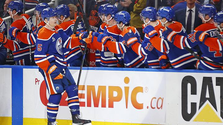Apr 22, 2026; Edmonton, Alberta, CAN; The Edmonton Oilers celebrate a goal scored by defenseman Connor Murphy (5) against the Anaheim Ducks during the second period in game two of the first round of the 2026 Stanley Cup Playoffs at Rogers Place. Mandatory Credit: Perry Nelson-Imagn Images