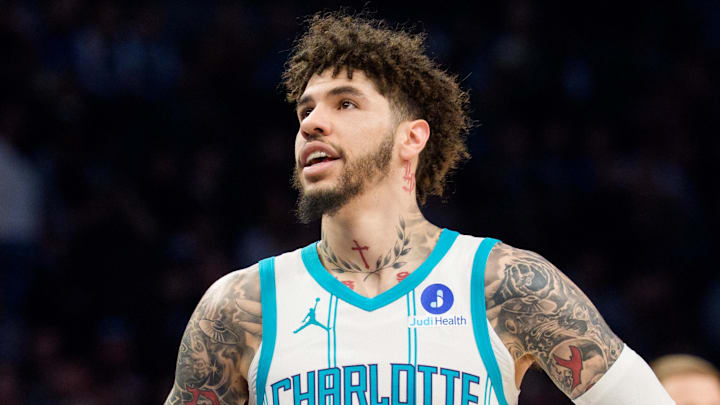 Apr 5, 2026; Minneapolis, Minnesota, USA; Charlotte Hornets guard LaMelo Ball (1) during a stoppage in the first quarter against the Minnesota Timberwolves at Target Center. Mandatory Credit: Matt Blewett-Imagn Images