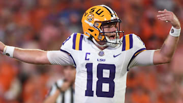 LSU Tigers quarterback Garrett Nussmeier yells downfield.