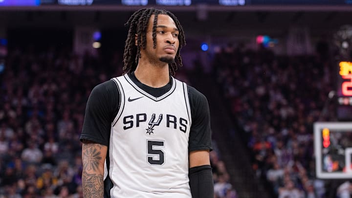 Mar 7, 2025; Sacramento, California, USA; San Antonio Spurs guard Stephon Castle (5) looks on during the first quarter of the game against the Sacramento Kings at Golden 1 Center. Mandatory Credit: Ed Szczepanski-Imagn Images