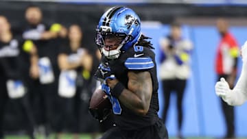 Detroit Lions running back Jahmyr Gibbs (0).