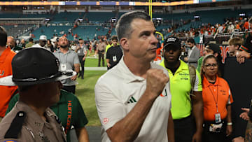 Nov 15, 2025; Miami Gardens, Florida, USA; Miami Hurricanes head coach Mario Cristobal reacts after the game against NC State Wolfpack at Hard Rock Stadium. Mandatory Credit: Sam Navarro-Imagn Images