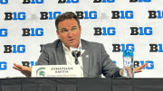 Jonathan Smith speaks to the media at Big Ten Football Media Days. 