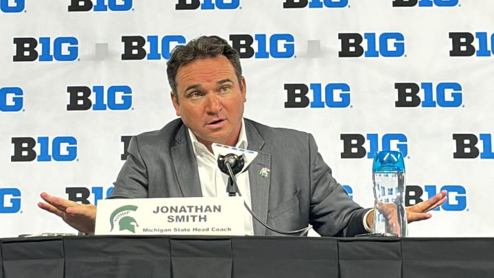 Jonathan Smith speaks to the media at Big Ten Football Media Days. 