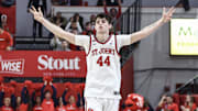 Nov 9, 2024; Queens, New York, USA;  St. John's Red Storm forward Brady Dunlap (44) celebrates after making a three-point shot in the second half against the Quinnipiac Bobcats at Carnesecca Arena. Mandatory Credit: Wendell Cruz-Imagn Images
