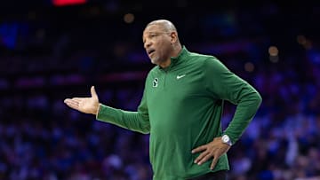 Oct 23, 2024; Philadelphia, Pennsylvania, USA; Milwaukee Bucks head coach Doc Rivers reacts during the second quarter against the Philadelphia 76ers at Wells Fargo Center. Mandatory Credit: Bill Streicher-Imagn Images