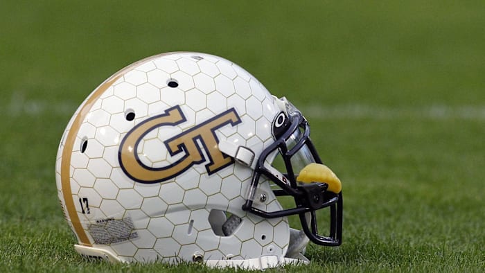 Oct 24, 2015; Atlanta, GA, USA; Georgia Tech Yellow Jackets helmet on the field before a game