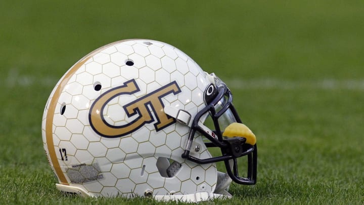 Oct 24, 2015; Atlanta, GA, USA; Georgia Tech Yellow Jackets helmet on the field before a game against the Florida State Seminoles at Bobby Dodd Stadium. Mandatory Credit: Brett Davis-USA TODAY Sports