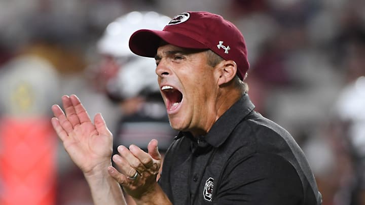 The University of South Carolina Spring football game took place at William-Brice Stadium on April 24, 2024. USC's Head Coach Shane Beamer reacts to a play.