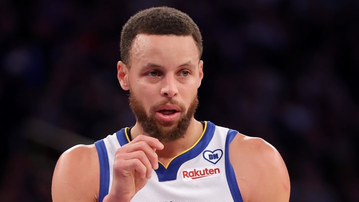 Feb 29, 2024; New York, New York, USA; Golden State Warriors guard Stephen Curry (30) reacts during the first quarter against the New York Knicks at Madison Square Garden. Mandatory Credit: Brad Penner-USA TODAY Sports