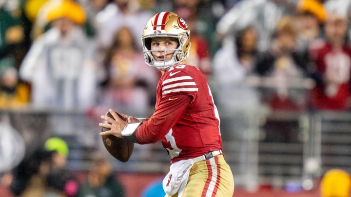 January 20, 2024; Santa Clara, CA, USA; San Francisco 49ers quarterback Brock Purdy (13) during the fourth quarter in a 2024 NFC divisional round game against the Green Bay Packers at Levi's Stadium. Mandatory Credit: Kyle Terada-USA TODAY Sports