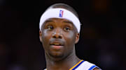 Golden State Warriors center Jermaine O'Neal looks on against the Utah Jazz during the third quarter at Oracle Arena. The Warriors defeated the Jazz 130-102.