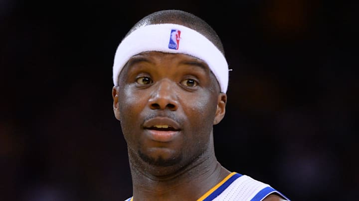 Golden State Warriors center Jermaine O'Neal looks on against the Utah Jazz during the third quarter at Oracle Arena. The Warriors defeated the Jazz 130-102.