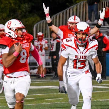 Jayson Dyer (8) and the Barnstable football squad enter the rankings this week. The Red Hawks will host seventh-seeded North Attleborough in the MIAA Division III quarterfinals.