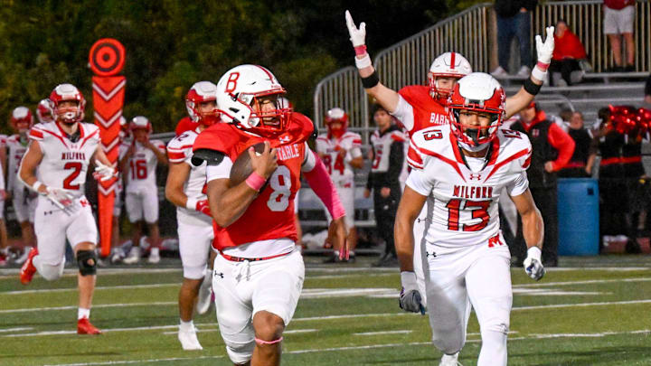 Jayson Dyer (8) and the Barnstable football squad enter the rankings this week. The Red Hawks will host seventh-seeded North Attleborough in the MIAA Division III quarterfinals.