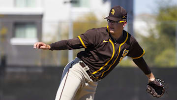 Mar 15, 2022; Peoria, AZ, USA; San Diego Padres pitcher Garrett Hawkins during spring training workouts at the San Diego Padres Spring Training Complex. Mandatory Credit: Mark J. Rebilas-Imagn Images