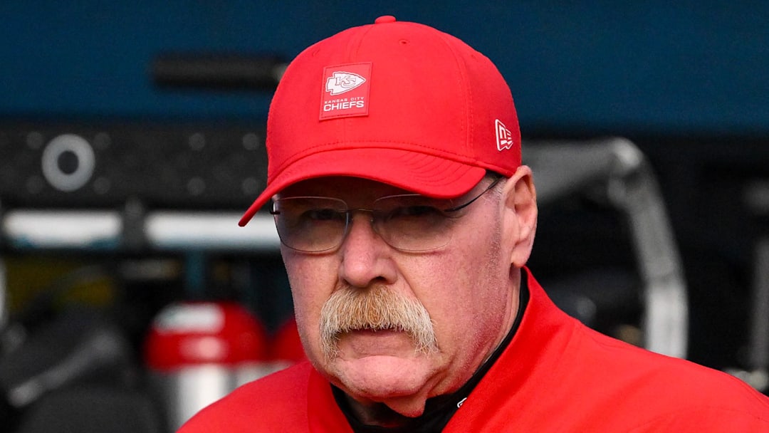 Dec 21, 2025; Nashville, Tennessee, USA;  Kansas City Chiefs head coach Andy Reid walks to the field against the Tennessee Titans during pre-game warmups at Nissan Stadium. Mandatory Credit: Steve Roberts-Imagn Images