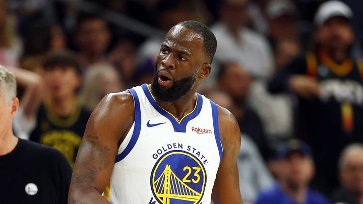 Apr 17, 2026; Phoenix, Arizona, USA; Golden State Warriors forward Draymond Green (23) reacts alongside head coach Steve Kerr against the Phoenix Suns during the second half in the play-in rounds of the 2026 NBA Playoffs at Mortgage Matchup Center. Mandatory Credit: Mark J. Rebilas-Imagn Images