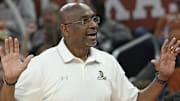 Dec 29, 2023; Austin, Texas, USA; UNC Greensboro head coach Mike Jones argues reacts during the first half against Texas Longhorns at Moody Center. Mandatory Credit: Scott Wachter-Imagn Images