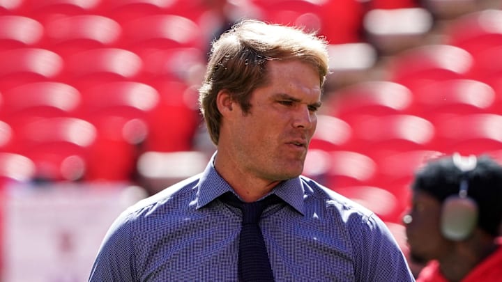 Fox analyst Greg Olsen arrives at a Kansas City Chiefs game.